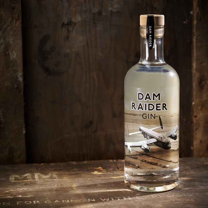 dam raider gin lifestyle image wrap around design bottle for aviation gifting